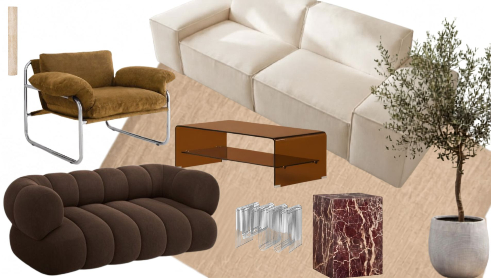 Moodboard ambiance salon — Coaching déco Atelier Luzons Moodboard salon avec fauteuil velours olive et canapé capitonné, coaching déco Atelier Luzons