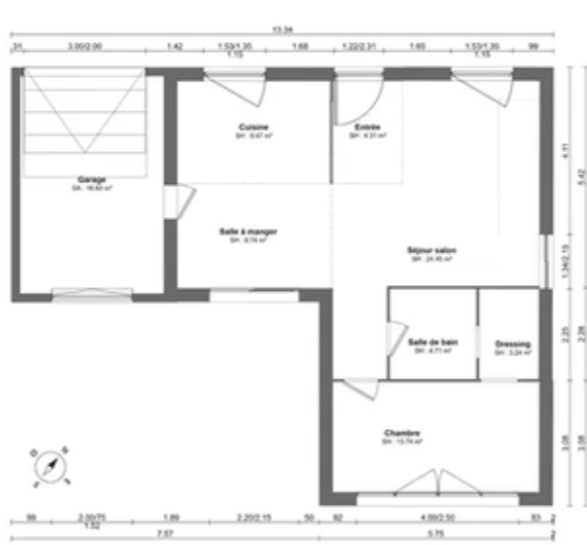 Plan 2D coté d'un appartement avec répartition des pièces, offre Conception Atelier Luzons
