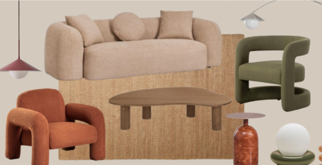 Moodboard mobilier — Offre Conception Atelier Luzons Moodboard mobilier avec canapé beige, fauteuil vert et luminaires, offre Conception Atelier Luzons