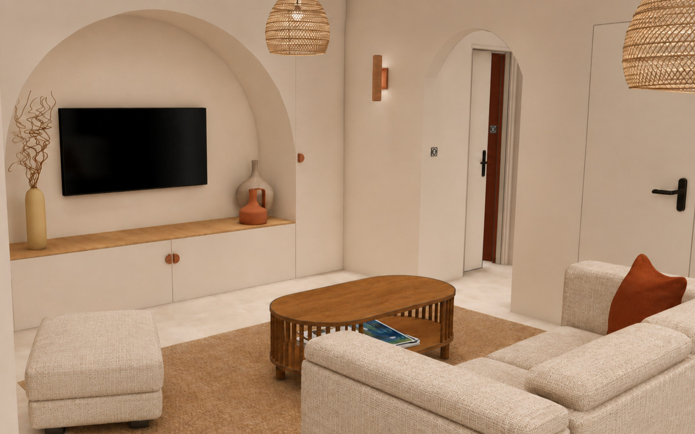 Vue 3D d'un salon avec niche arquée et canapé beige, offre Conception Atelier Luzons