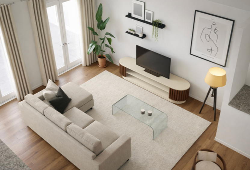 Vue 3D d'un salon épuré avec canapé gris et meuble TV bois, offre Réalisation Atelier Luzons
