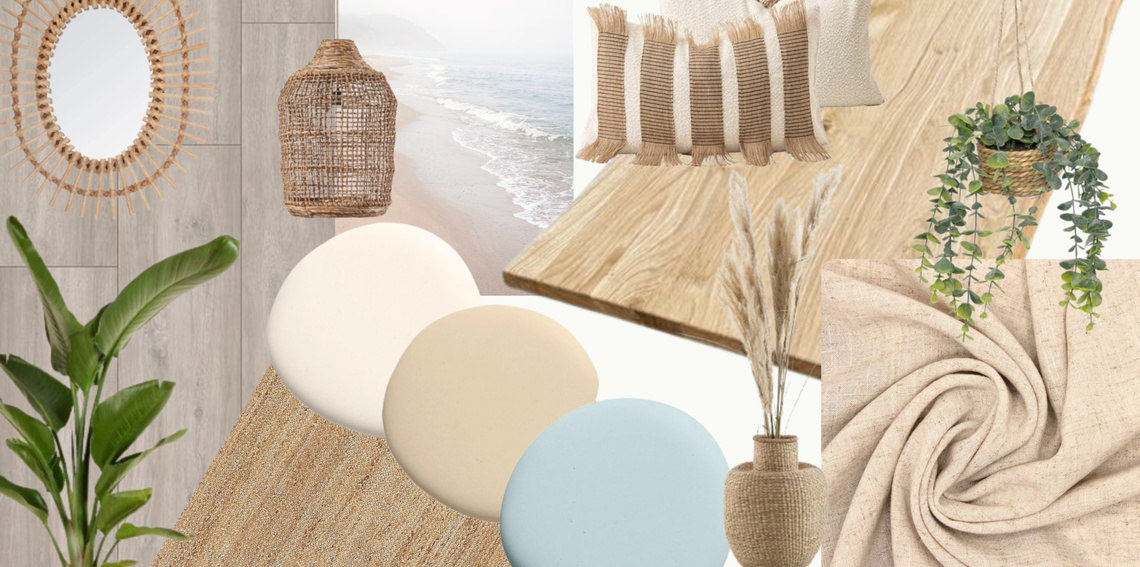 Moodboard de matières naturelles rotin, lin et bois flotté, offre Réalisation Atelier Luzons